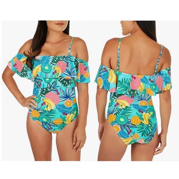 Caribbean Joe Women's Standard One Piece Swimsuit Off The Shoulder - Picture 1 of 7